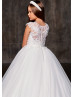 Beaded White Lace Tulle Sparkly Flower Girl Dress With Horsehair Trim